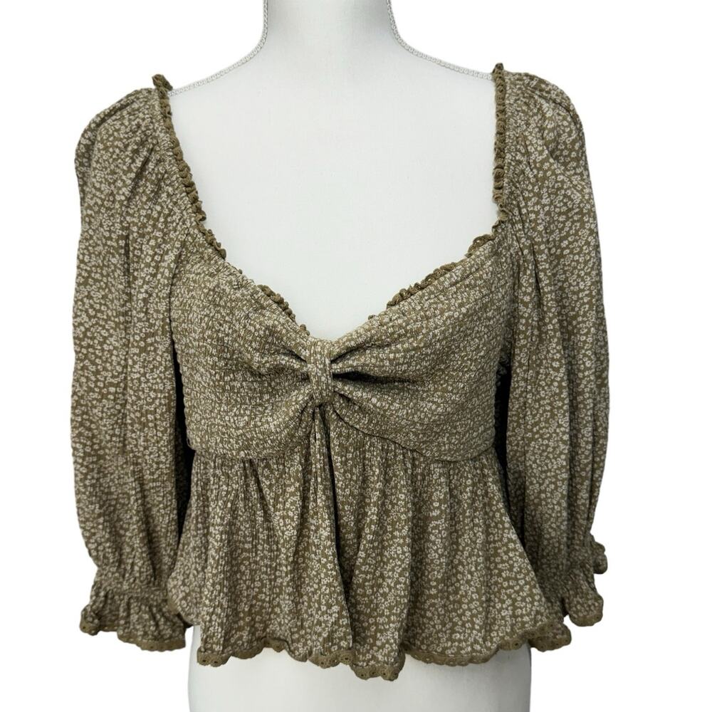 FREE PEOPLE  Brittnee Smocked Peplum Top Tropical Nut Floral Boho Blouse  M